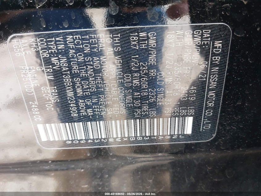 2021 Nissan Rogue VIN JN8AT3BBXMW234908 IAAI salvage auction — FRONT END, Salvage (Indiana), sold $5,600 on 2026-07-07 (photo 9)