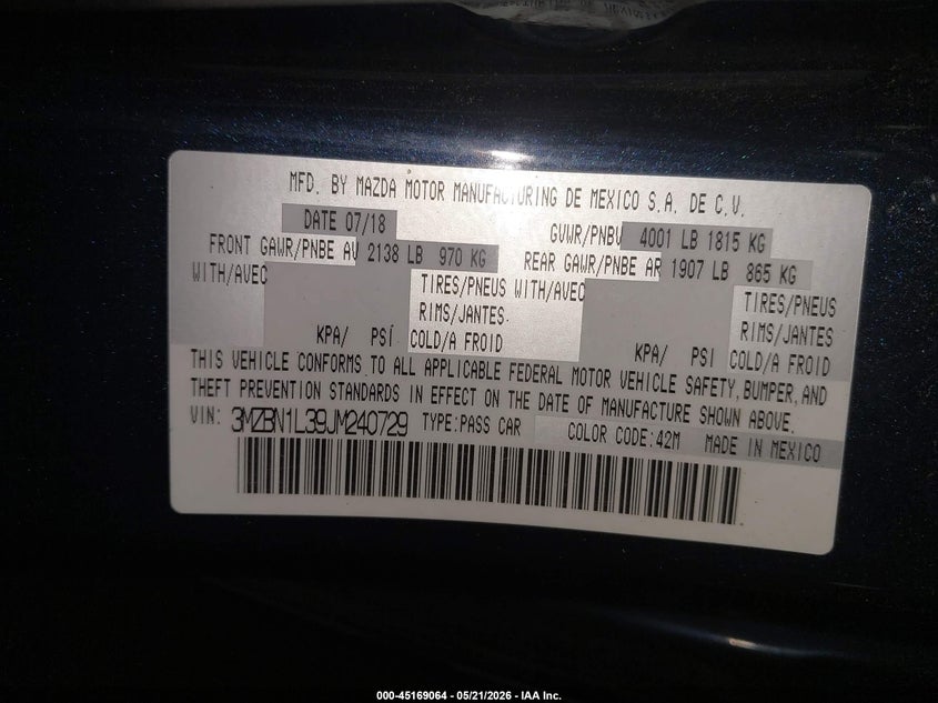 2018 Mazda 3 VIN 3MZBN1L39JM240729 IAAI salvage auction — LEFT SIDE, Salvage Title, sold $1,600 on 2026-08-02 (photo 9)