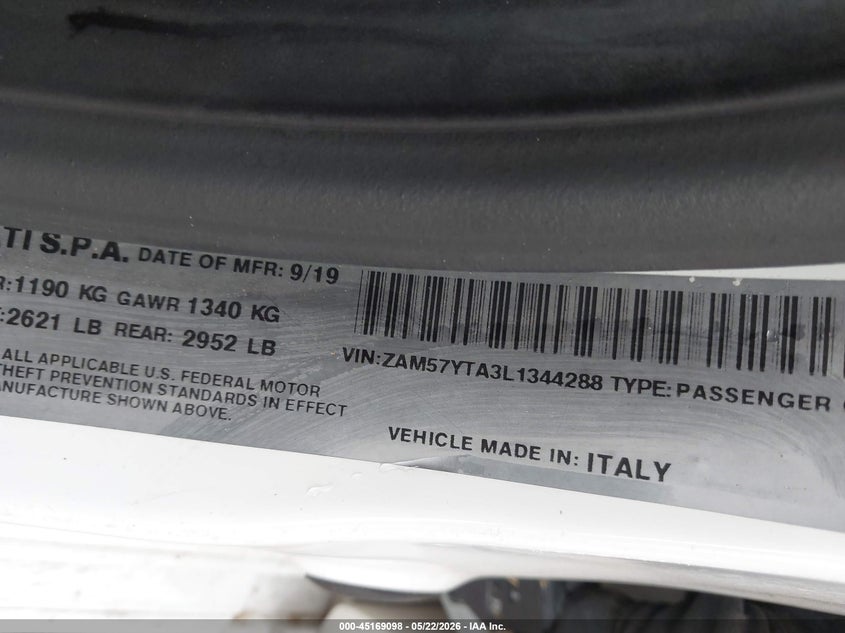 2020 Maserati Ghibli VIN ZAM57YTA3L1344288 IAAI salvage auction — WATER/FLOOD, Salvage (Texas), sold $1,450 on 2026-07-28 (photo 9)
