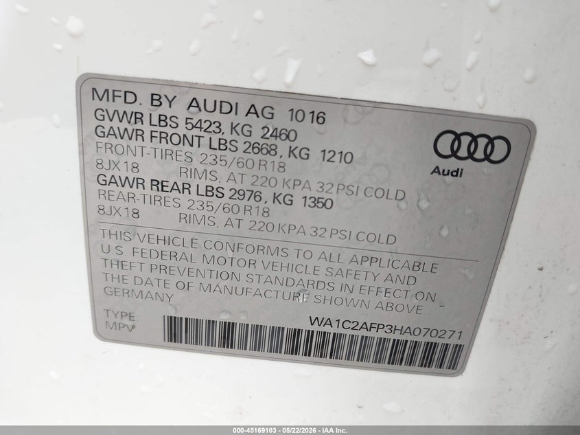 2017 Audi Q5 VIN WA1C2AFP3HA070271 IAAI salvage auction — FRONT END, Salvage (Ohio), sold $2,650 on 2026-07-18 (photo 9)