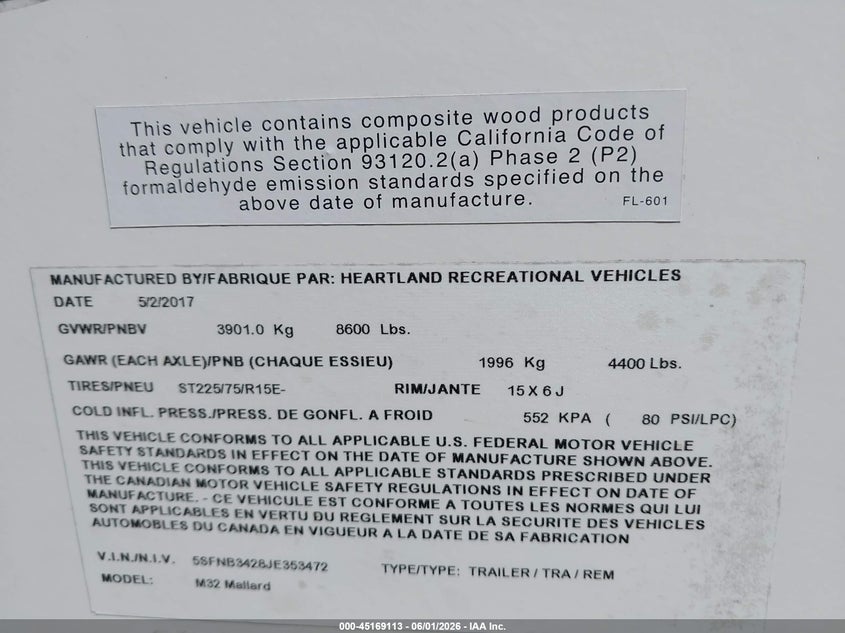 2018 Heartland Mallard VIN 5SFNB3428JE353472 IAAI salvage auction — SIDE, Original (Texas), sold $1,050 on 2026-07-28 (photo 7)