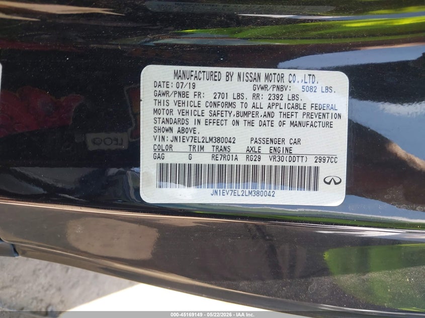 2020 Infiniti Q60 VIN JN1EV7EL2LM380042 IAAI salvage auction — RIGHT FRONT, Salvage (Texas), sold $6,450 on 2026-07-07 (photo 9)