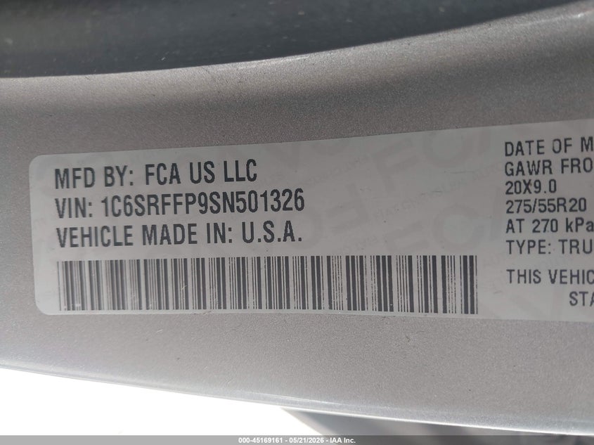 2025 Ram 1500 VIN 1C6SRFFP9SN501326 IAAI salvage auction — FRONT END, Wait Title, sold $9,000 on 2026-09-02 (photo 9)