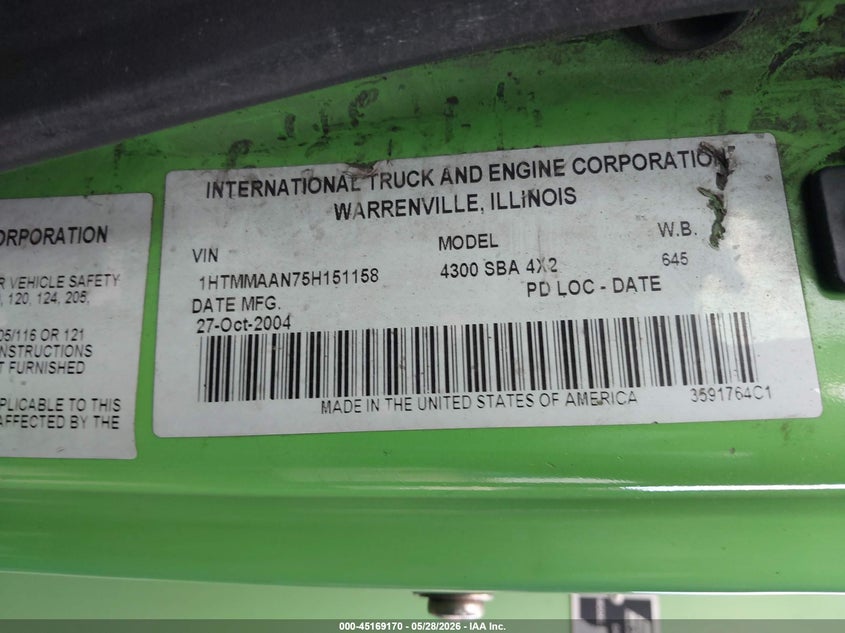 2005 International 4000 series VIN 1HTMMAAN75H151158 IAAI salvage auction — FRONT END, Clear (Indiana), sold $25 on 2026-07-31 (photo 8)