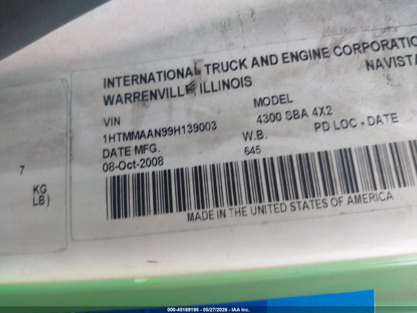 2009 International 4000 series VIN 1HTMMAAN99H139003 IAAI salvage auction — FRONT END, Clear (Pennsylvania), sold $25 on 2026-07-31 (photo 8)