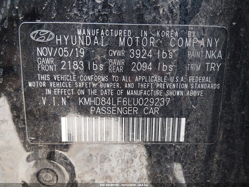 2020 Hyundai Elantra VIN KMHD84LF6LU029237 IAAI salvage auction — LEFT FRONT, Original (Texas), sold $2,550 on 2026-07-22 (photo 9)