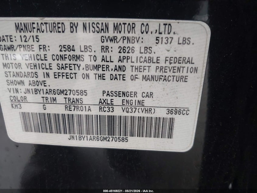 2016 Infiniti Q70 VIN JN1BY1AR6GM270585 IAAI salvage auction — FRONT END, Salvage - Greater Than 75% (Maryland), sold $3,000 on 2026-07-13 (photo 9)