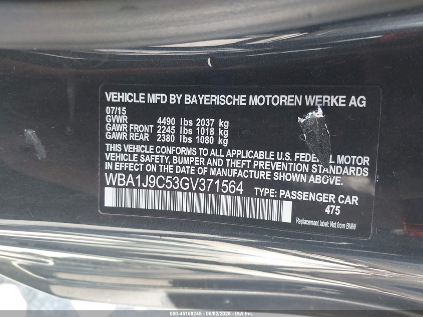 2016 BMW M2 VIN WBA1J9C53GV371564 IAAI salvage auction — HAIL, Salvage Title, sold $5,225 on 2026-07-21 (photo 9)