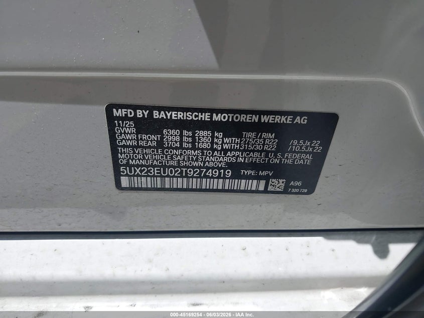 2026 BMW X5 VIN 5UX23EU02T9274919 IAAI salvage auction — LEFT FRONT, Salvage Title, sold $33,250 on 2026-07-30 (photo 9)