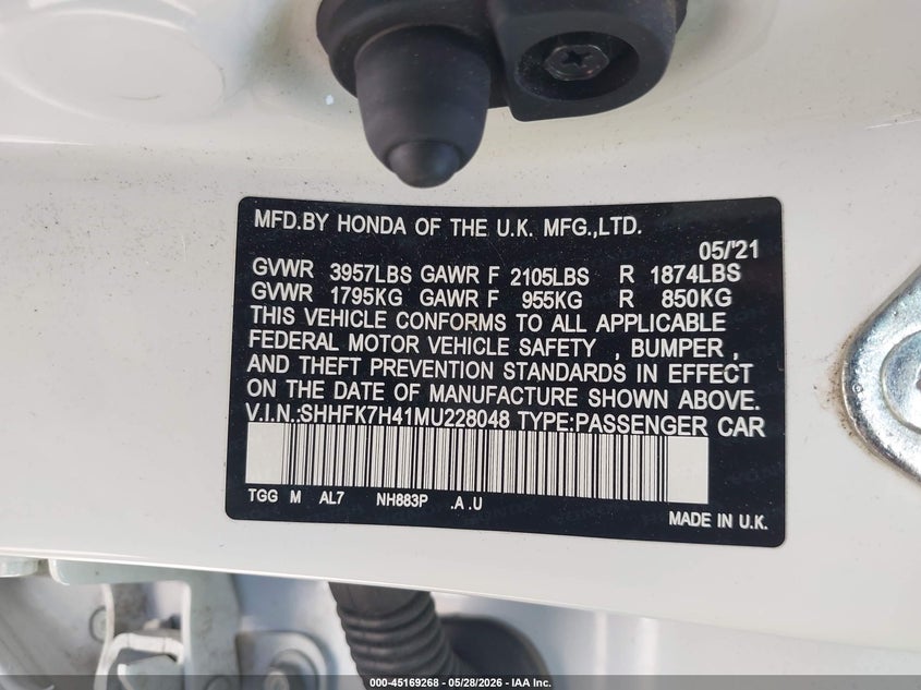 2021 Honda Civic VIN SHHFK7H41MU228048 IAAI salvage auction — FRONT END, Salvage Title, sold $2,850 on 2026-07-15 (photo 9)