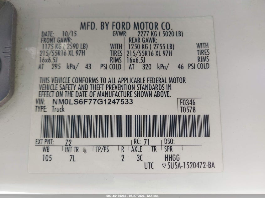 2016 Ford Transit VIN NM0LS6F77G1247533 IAAI salvage auction — FRONT END, Salvage Title, sold $200 on 2026-07-22 (photo 9)