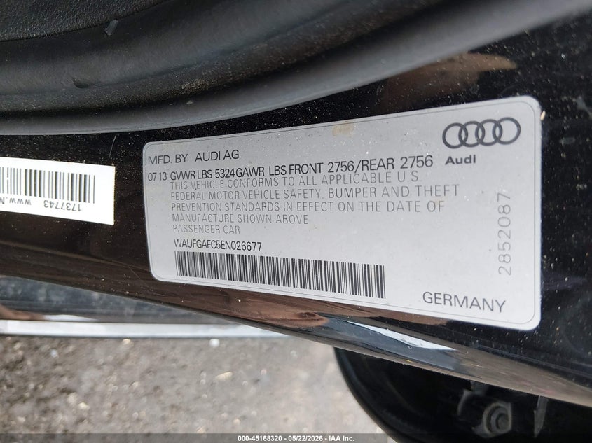 2014 Audi A6 VIN WAUFGAFC5EN026677 IAAI salvage auction — FRONT END, Clear (Virginia), sold $375 on 2026-07-11 (photo 9)