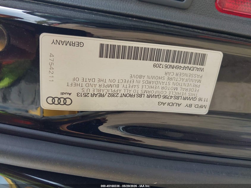 2017 Audi A4 VIN WAUDNAF46HN051209 IAAI salvage auction — FRONT END, Clear (Indiana), sold $1,850 on 2026-07-14 (photo 9)