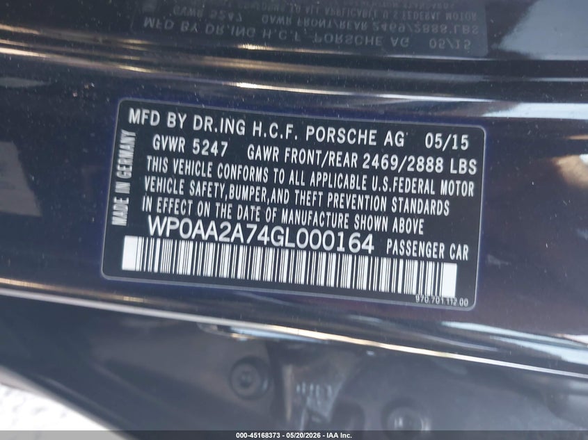2016 Porsche Panamera VIN WP0AA2A74GL000164 IAAI salvage auction — RIGHT SIDE, Salvage (Georgia), sold $5,475 on 2026-07-21 (photo 9)