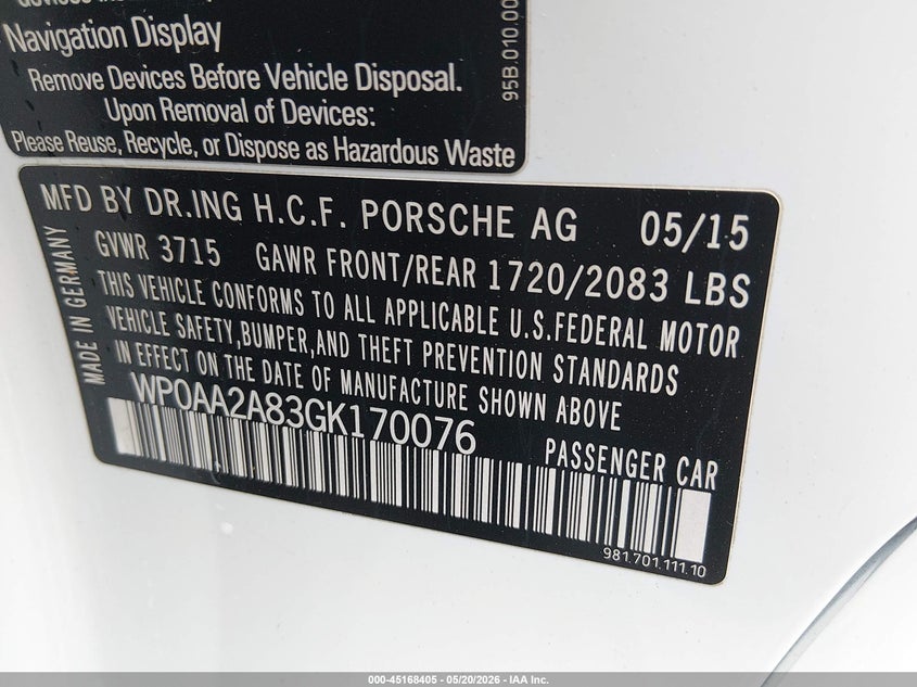 2016 Porsche Cayman VIN WP0AA2A83GK170076 IAAI salvage auction — FRONT END, Salvage (Kentucky), sold $13,600 on 2026-07-27 (photo 9)