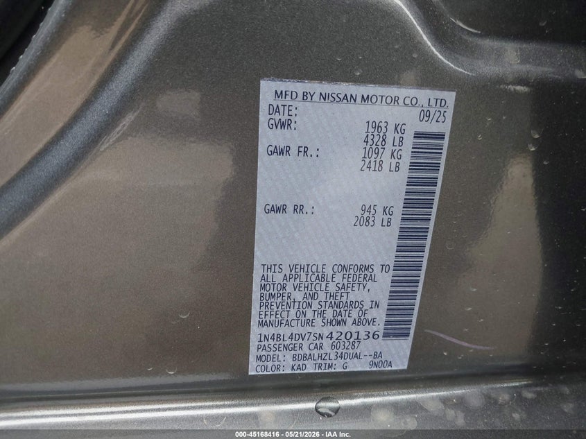 2025 Nissan Altima VIN 1N4BL4DV7SN420136 IAAI salvage auction — FRONT END, Original (Texas), sold $8,400 on 2026-07-29 (photo 9)