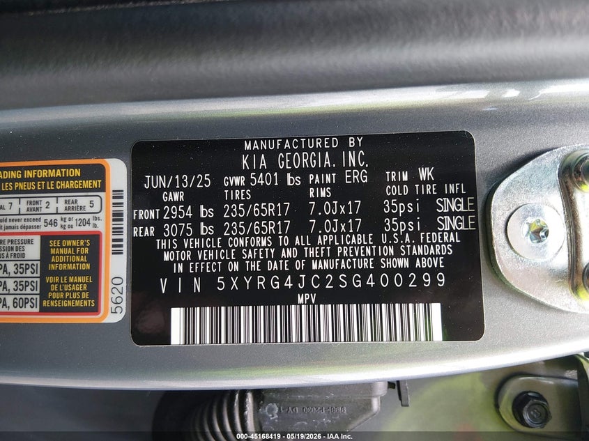 2025 Kia Sorento VIN 5XYRG4JC2SG400299 IAAI salvage auction — FRONT END, Salvage (Louisiana), sold $11,050 on 2026-07-06 (photo 9)