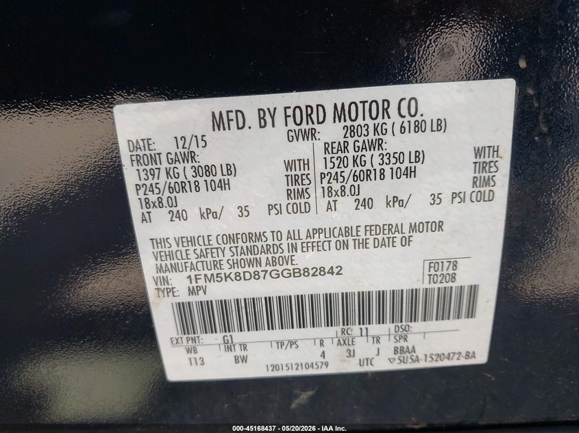2016 Ford Explorer VIN 1FM5K8D87GGB82842 IAAI salvage auction — FRONT END, Clear (Massachusetts), sold $875 on 2026-07-18 (photo 9)