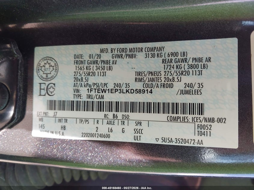 2020 Ford F-150 VIN 1FTEW1EP3LKD58914 IAAI salvage auction — FRONT END, Salvage (Montana), sold $3,900 on 2026-07-24 (photo 9)