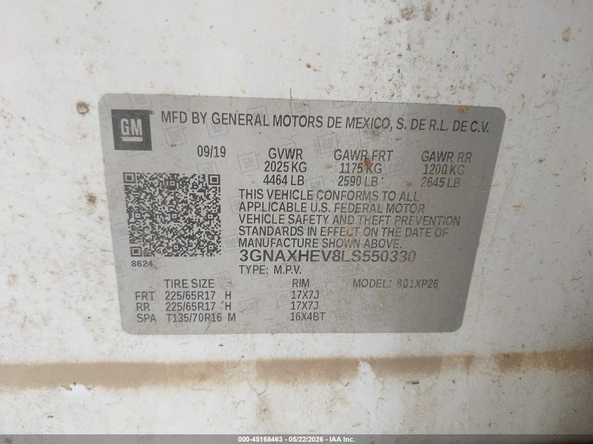 2020 Chevrolet Equinox VIN 3GNAXHEV8LS550330 IAAI salvage auction — RIGHT SIDE, Certificate Of Destruction (Florida), sold $1,250 on 2026-07-21 (photo 9)