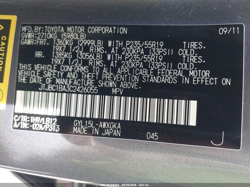2012 Lexus Rx VIN JTJBC1BA3C2426055 IAAI salvage auction — LEFT SIDE, Salvage (Montana), sold $2,750 on 2026-07-15 (photo 9)