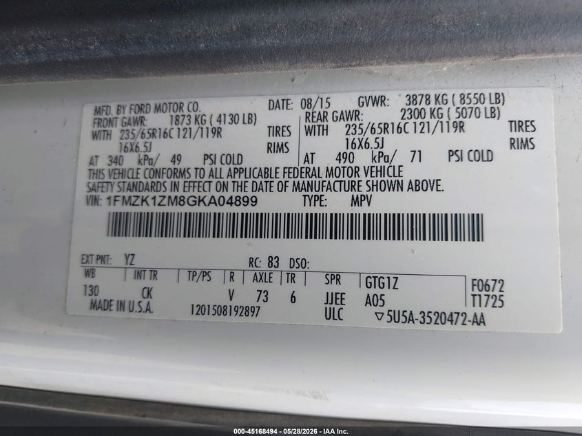 2016 Ford Transit 150 VIN 1FMZK1ZM8GKA04899 IAAI salvage auction — NORMAL WEAR, Sf97 (Mississippi), sold $19,000 on 2026-07-16 (photo 9)