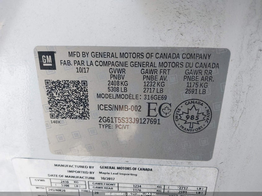 2018 Cadillac Xts VIN 2G61T5S33J9127691 IAAI salvage auction — LEFT FRONT, Clear (Michigan), sold $5,100 on 2026-07-09 (photo 9)