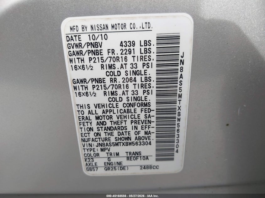 2011 Nissan Rogue VIN JN8AS5MTXBW563304 IAAI salvage auction — REAR END, Mv-907A (New York), sold $550 on 2026-07-07 (photo 9)