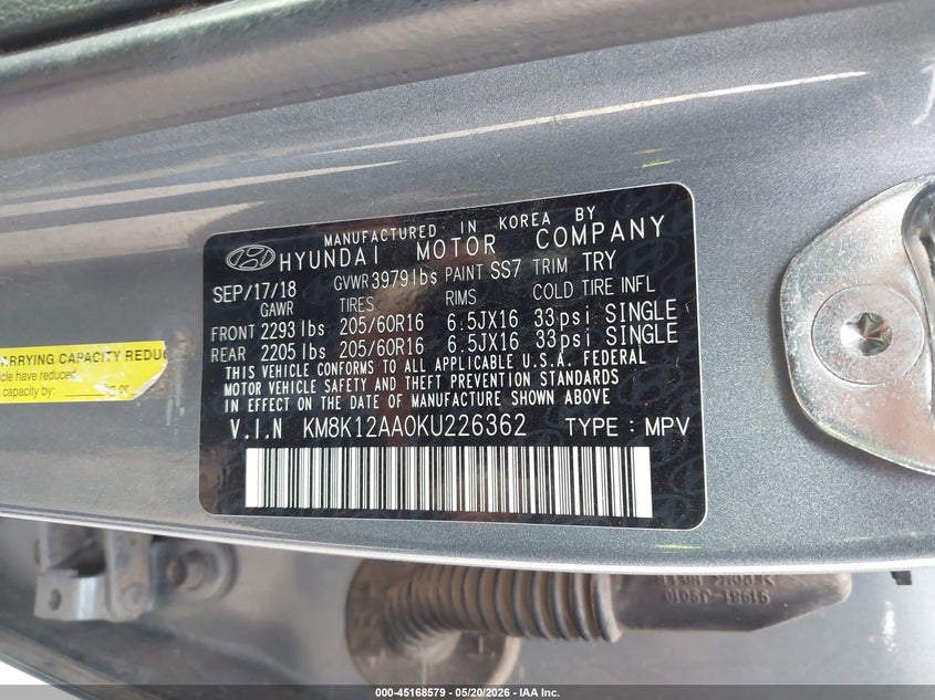 2019 Hyundai Kona VIN KM8K12AA0KU226362 IAAI salvage auction — ALL OVER, Salvage (Texas), sold $975 on 2026-07-12 (photo 9)