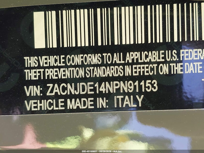 2022 Jeep Renegade VIN ZACNJDE14NPN91153 IAAI salvage auction — FRONT END, Salvage Title, sold $1,125 on 2026-08-11 (photo 9)