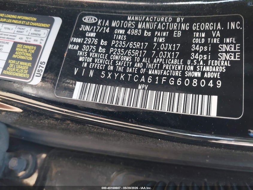 2015 Kia Sorento VIN 5XYKTCA61FG608049 IAAI salvage auction — FRONT END, Salvage (Pennsylvania), sold $1,050 on 2026-07-14 (photo 9)