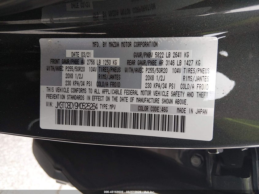 2021 Mazda Cx-9 VIN JM3TCBDY9M0525264 IAAI salvage auction — HAIL, Salvage Title, sold $9,650 on 2026-07-20 (photo 9)