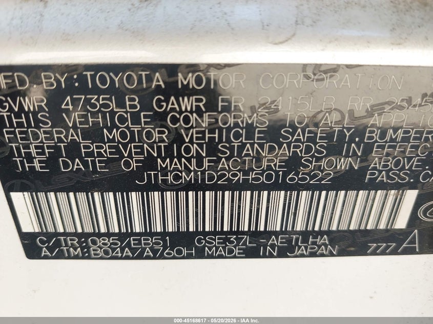 2017 Lexus Is VIN JTHCM1D29H5016522 IAAI salvage auction — FRONT END, Clear (Tennessee), sold $1,400 on 2026-07-15 (photo 9)