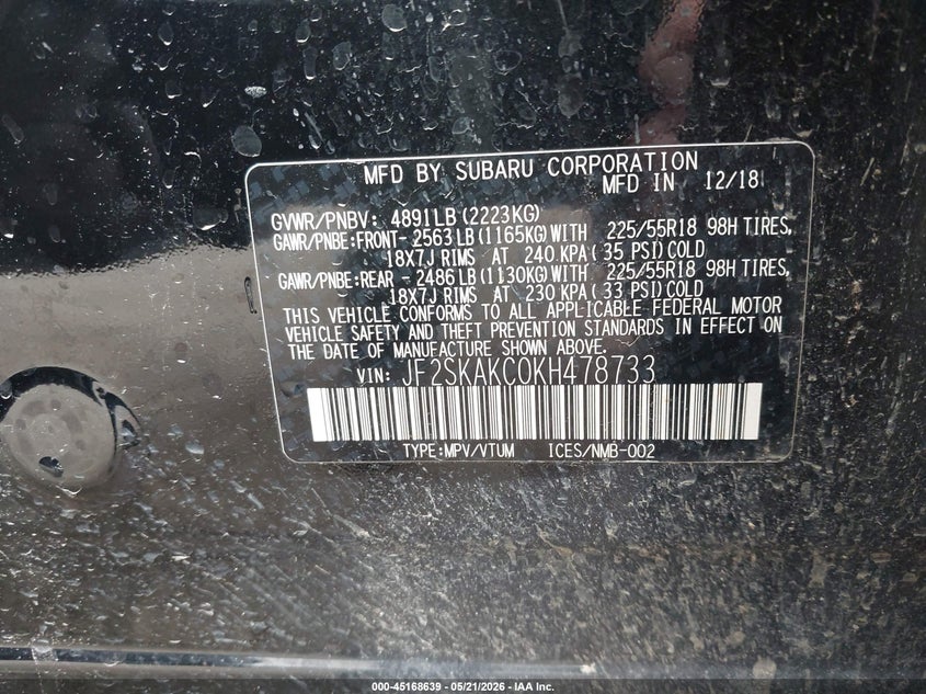 2019 Subaru Forester VIN JF2SKAKC0KH478733 IAAI salvage auction — RIGHT SIDE, Salvage (Arkansas), sold $2,850 on 2026-07-22 (photo 9)