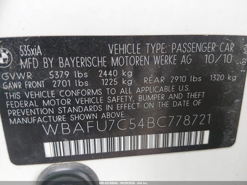 2011 BMW 5 series VIN WBAFU7C54BC778721 IAAI salvage auction — FRONT END, Certificate Of Title (Nebraska), sold $1,050 on 2026-07-08 (photo 9)