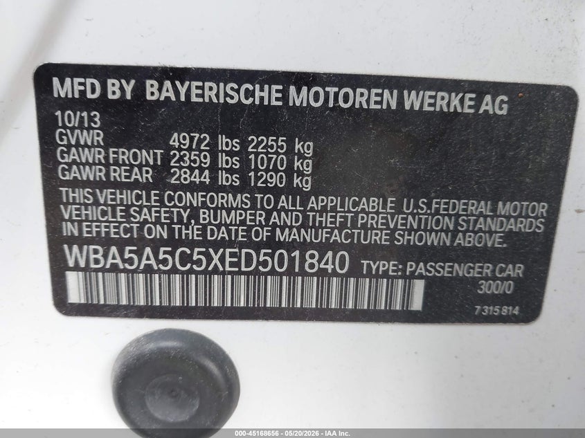 2014 BMW 5er VIN WBA5A5C5XED501840 IAAI salvage auction — LEFT FRONT, Salvage (Texas), sold $1,300 on 2026-08-07 (photo 9)