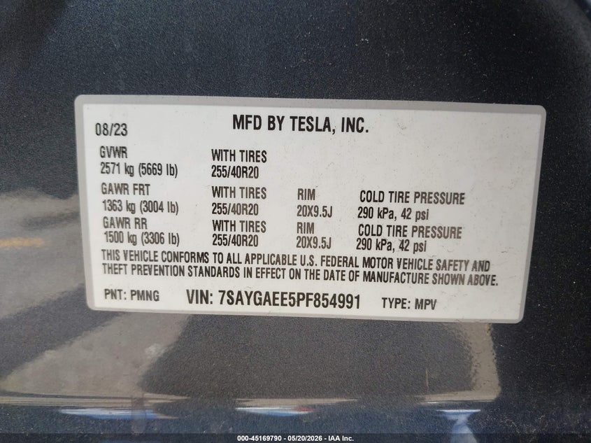 2023 Tesla Model y VIN 7SAYGAEE5PF854991 IAAI salvage auction — REAR END, Rebuildable (Florida), sold $9,200 on 2026-07-23 (photo 9)