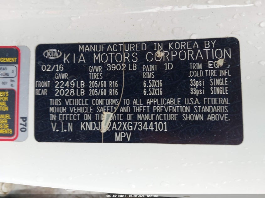 2016 Kia Soul VIN KNDJN2A2XG7344101 IAAI salvage auction — FRONT & REAR, Clear (Arkansas), sold $650 on 2026-07-08 (photo 9)