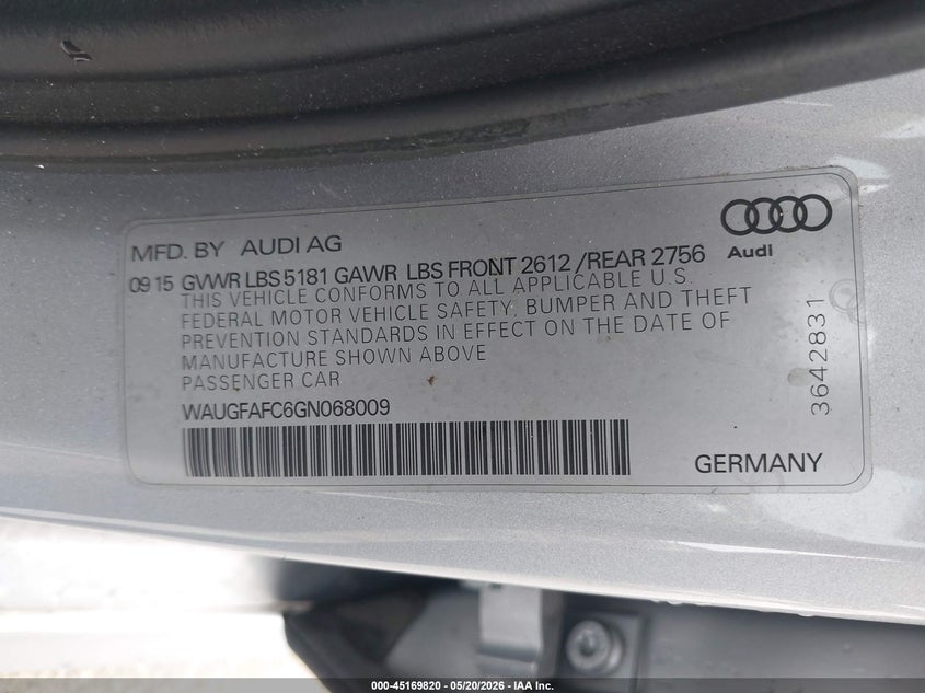 2016 Audi A6 VIN WAUGFAFC6GN068009 IAAI salvage auction — FRONT END, Salvage (Texas), sold $1,275 on 2026-07-23 (photo 9)