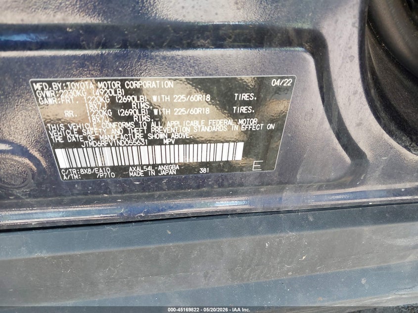 2022 Toyota Rav 4 VIN JTMD6RFV1ND055631 IAAI salvage auction — FRONT END, Salvage (Minnesota), sold $9,900 on 2026-07-15 (photo 9)