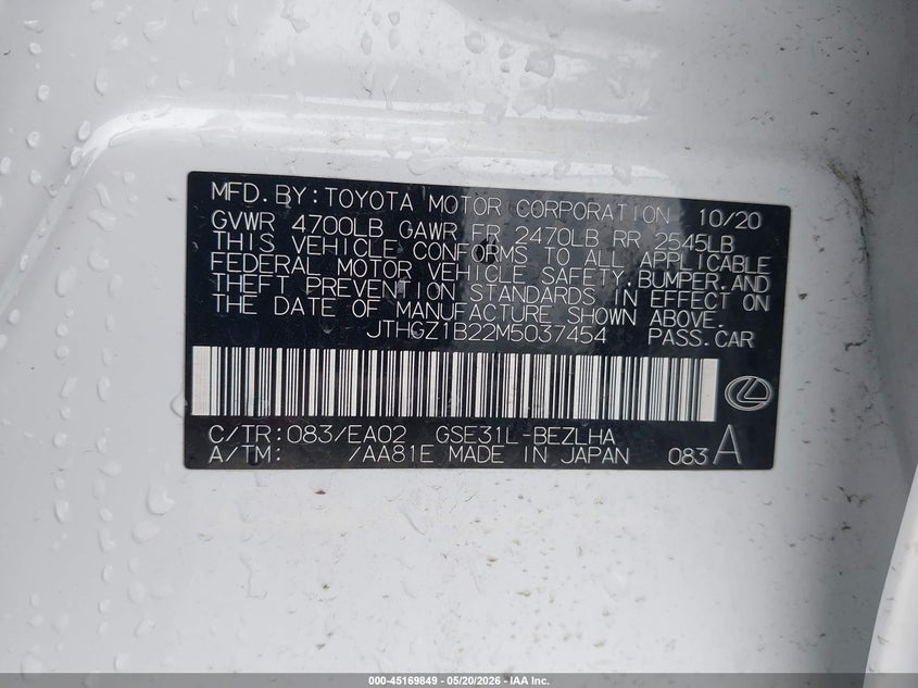 2021 Lexus Is VIN JTHGZ1B22M5037454 IAAI salvage auction — LEFT FRONT, Original (Texas), sold $13,100 on 2026-07-30 (photo 9)