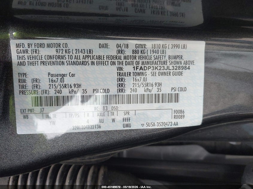 2018 Ford Focus VIN 1FADP3K23JL328984 IAAI salvage auction — NORMAL WEAR, Sf97 (Texas), sold $9,200 on 2026-07-07 (photo 5)