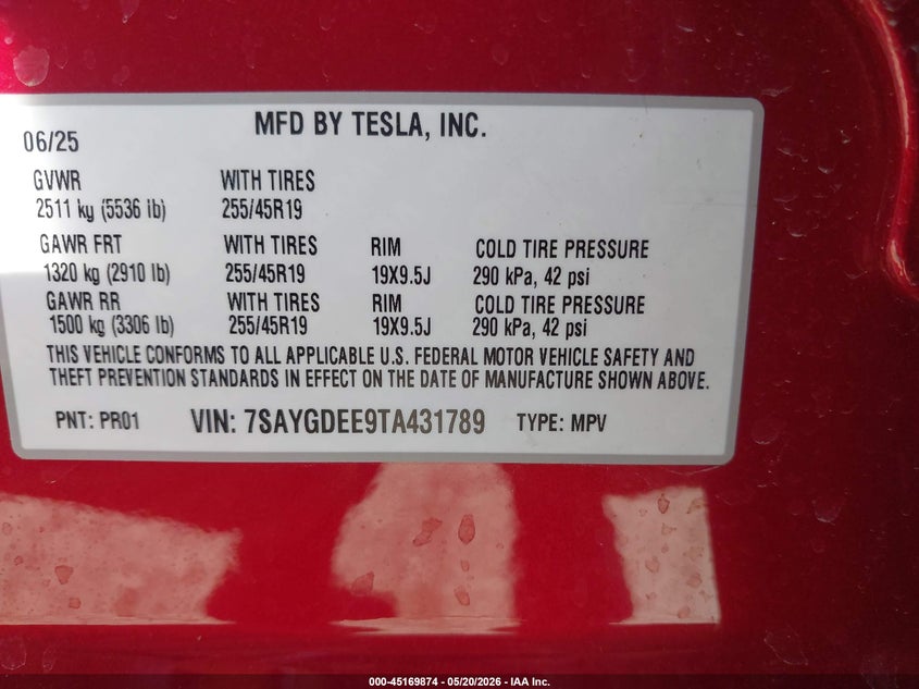 2026 Tesla Model y VIN 7SAYGDEE9TA431789 IAAI salvage auction — RIGHT REAR, Salvage (Missouri), sold $18,500 on 2026-07-08 (photo 8)