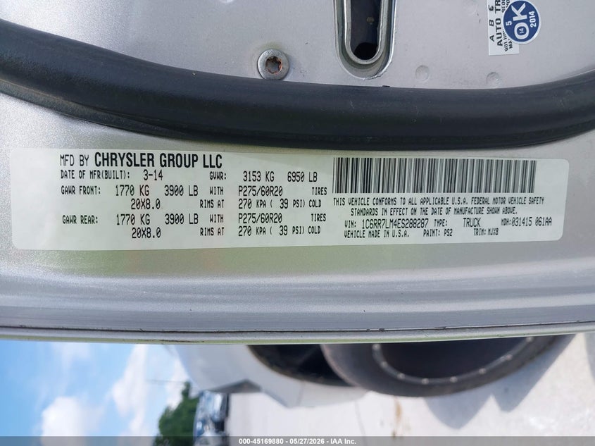 2014 Ram 1500 VIN 1C6RR7LM4ES288287 IAAI salvage auction — HAIL, Salvage Title, sold $3,100 on 2026-07-27 (photo 9)