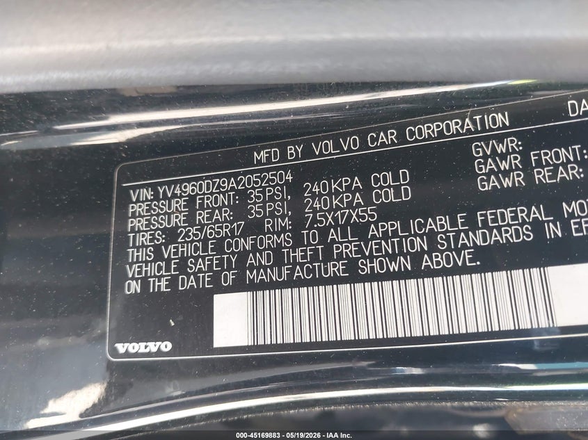 2010 Volvo Xc60 VIN YV4960DZ9A2052504 IAAI salvage auction — NORMAL WEAR, Salvage (Texas), sold $700 on 2026-07-17 (photo 9)
