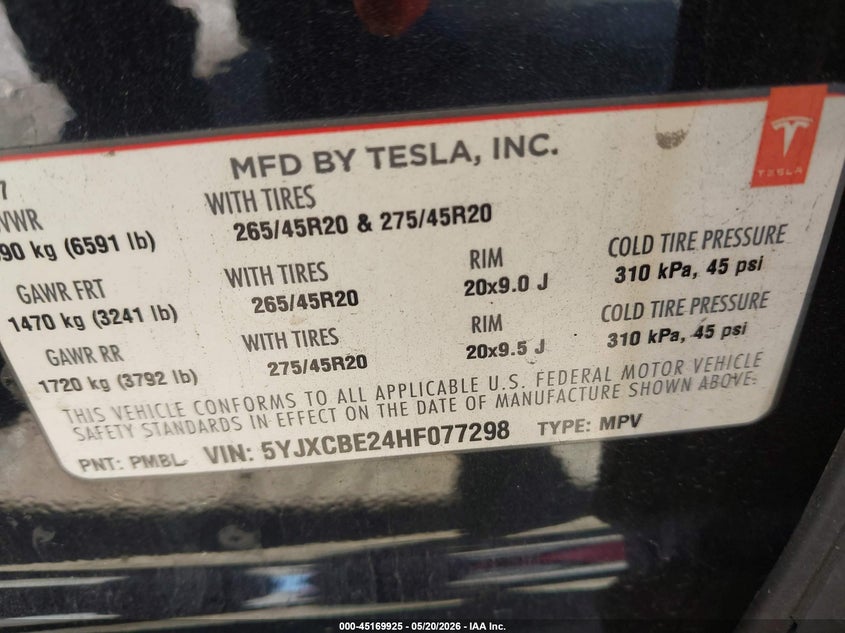 2017 Tesla Model x VIN 5YJXCBE24HF077298 IAAI salvage auction — LEFT FRONT, Salvage (California), sold $7,600 on 2026-07-16 (photo 9)
