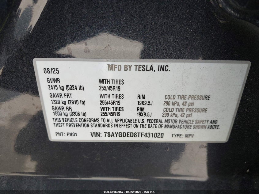2026 Tesla Model y VIN 7SAYGDED8TF431020 IAAI salvage auction — FRONT END, Salvage (California), sold $20,450 on 2026-07-09 (photo 9)
