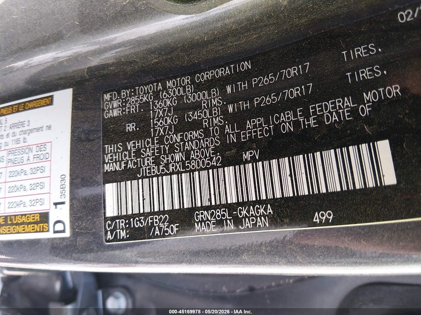 2020 Toyota 4runner VIN JTEBU5JRXL5800542 IAAI salvage auction — VANDALISM, Salvage (Nevada), sold $1,250 on 2026-07-10 (photo 9)