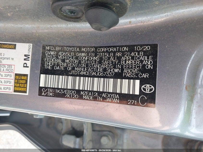 2021 Toyota Corolla VIN JTDT4MCE5MJ067337 IAAI salvage auction — RIGHT FRONT, Salvage (Indiana), sold $6,750 on 2026-07-09 (photo 9)