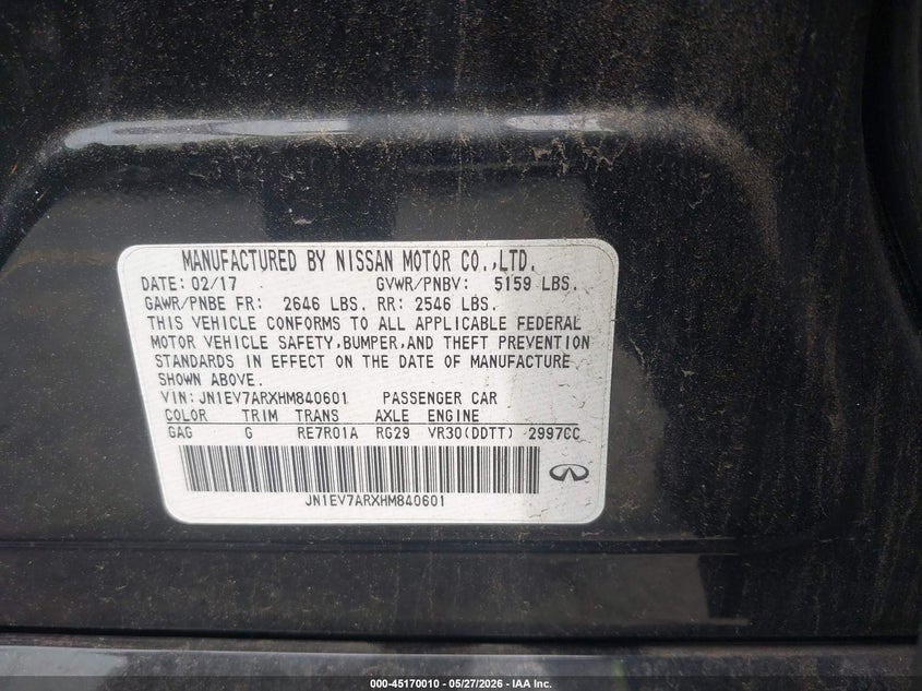 2017 Infiniti Q50 VIN JN1EV7ARXHM840601 IAAI salvage auction — LEFT SIDE, Salvage Title, sold $3,675 on 2026-07-16 (photo 9)